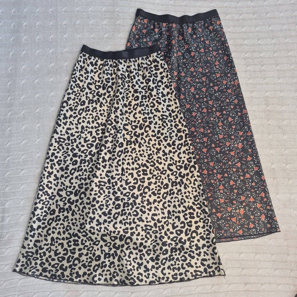 Lot of 2 Knit Riot Midi Skirts Rose Print XS‎ and Cheetah Print Small